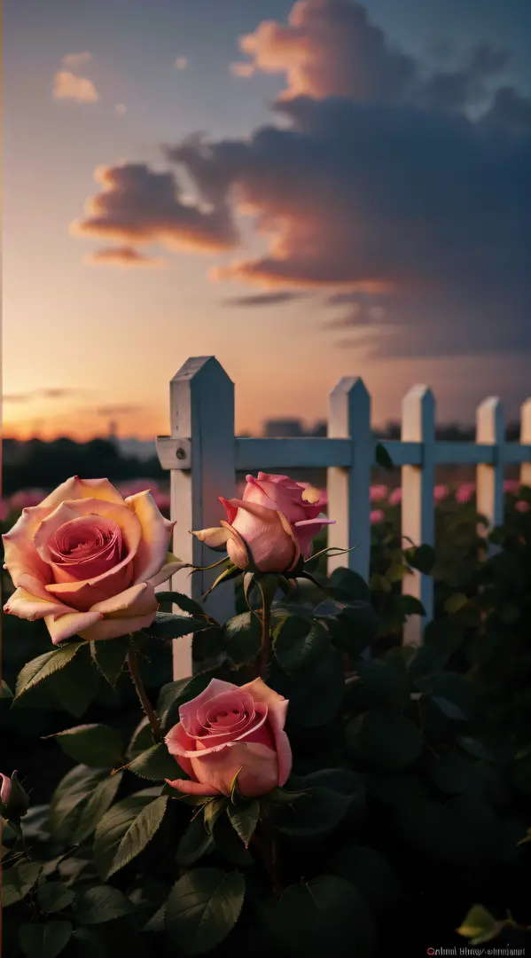 The sky is a magnificent sunset, In front of it is a row of white fences, The fence is covered with delicate roses, The colors o...