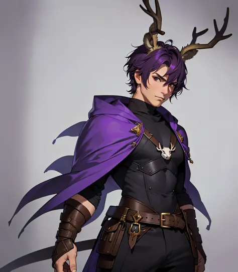 Knight Jackalope, short purple hair, jackalope antlers, dark armor(masterpiece, best quality)