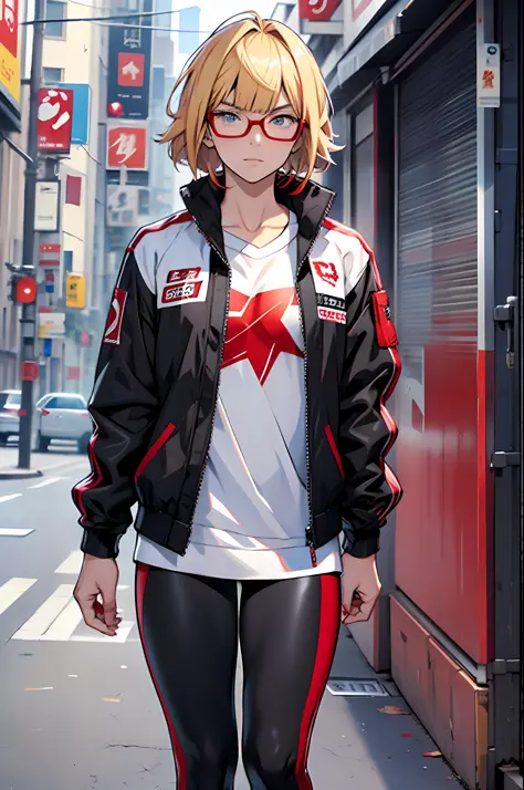 anime character, tall, pretty, young, cool, teenager, short blonde hair, bangs, wears red glasses, confident face, has an athletic body, black wears leggings, wears a white jacket with red details --auto --s2
