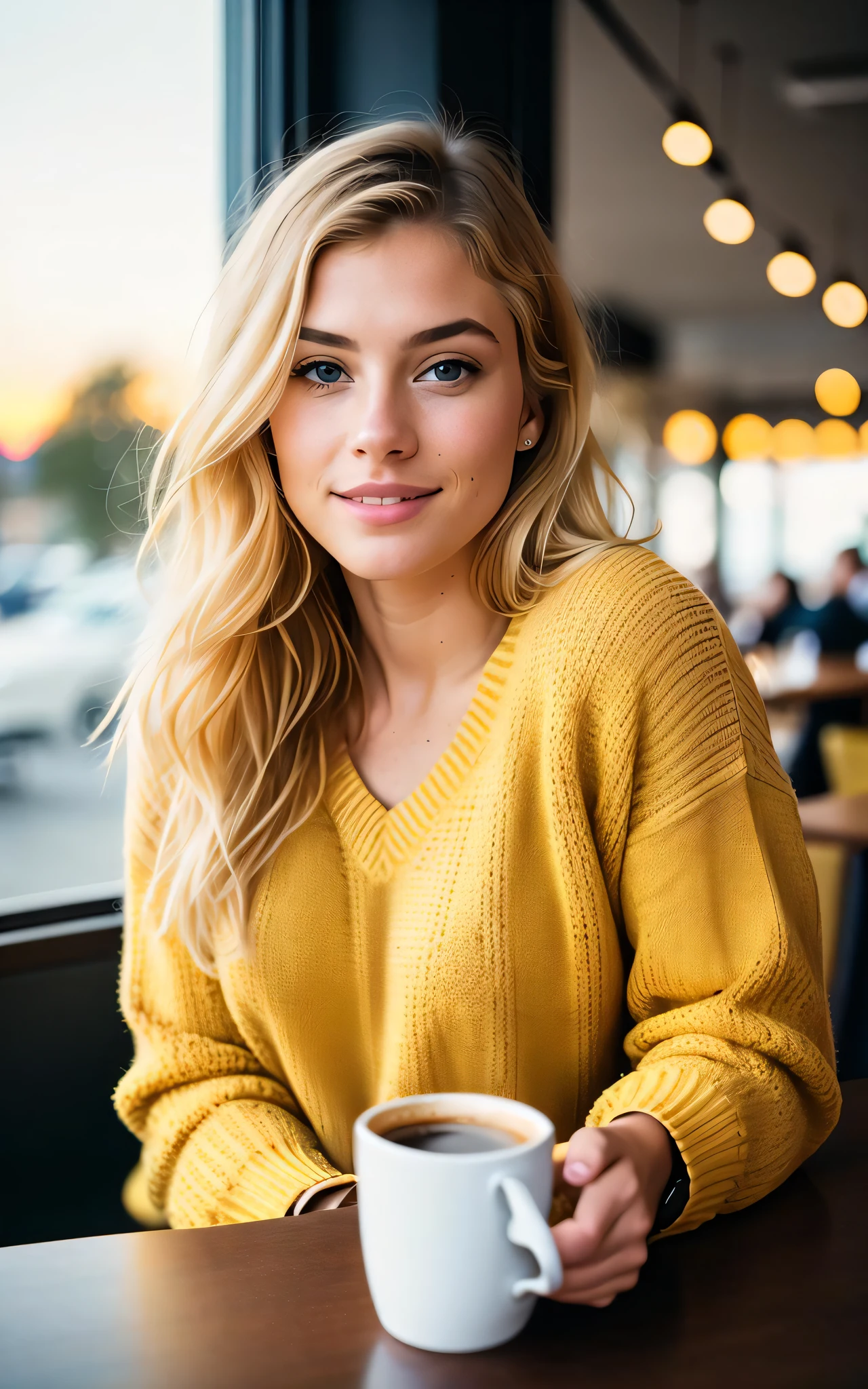 süße schöne Blondine trägt gelben Pullover (Kaffeetrinken in einem modernen Café bei Sonnenuntergang), Sehr detailiert, 21 Jahre alt, unschuldiges Gesicht, natürlich gewelltes Haar, blaue Augen, hochauflösend, Meisterwerk, beste Qualität,komplizierte Details, sehr detailliert,scharfer Fokus, detaillierte Haut,Realistisch skin Textur,Textur, detaillierte Augen, Fachmann, 4k, Charmeur Lächeln, gedreht mit Canon, 85mm,geringe Schärfentiefe,Kodak Vision Farbe, perfekt sitzender Körper, extrem detailliert, Foto_\(Ultra\), FotoRealistisch, Realistisch, Nachbearbeitung, maximale Details, Rauheit, wahres Leben, Ultra Realistisch, Fotorealism, Fotography, 8k uhd, Fotography