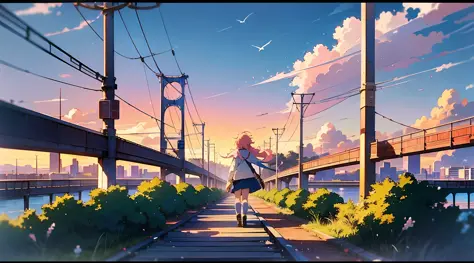anime scene of a bridge with a person walking on it, anime background, anime sky, anime background art, anime beautiful peace scene, beautiful anime scene, beautiful anime scenery, anime scenery, anime landscape, anime landscape wallpaper, lofi artstyle, a...