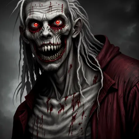 frontal close-up of a man, human, zombie, ugly, cartoon, 2d, comics, white skin, little hair, long gray hair, dreadlocks, scars, short gray goatee, red clothes dirty clothes and torn clothes, terror, horror, portrait, showing teeth, human teeth, separated ...
