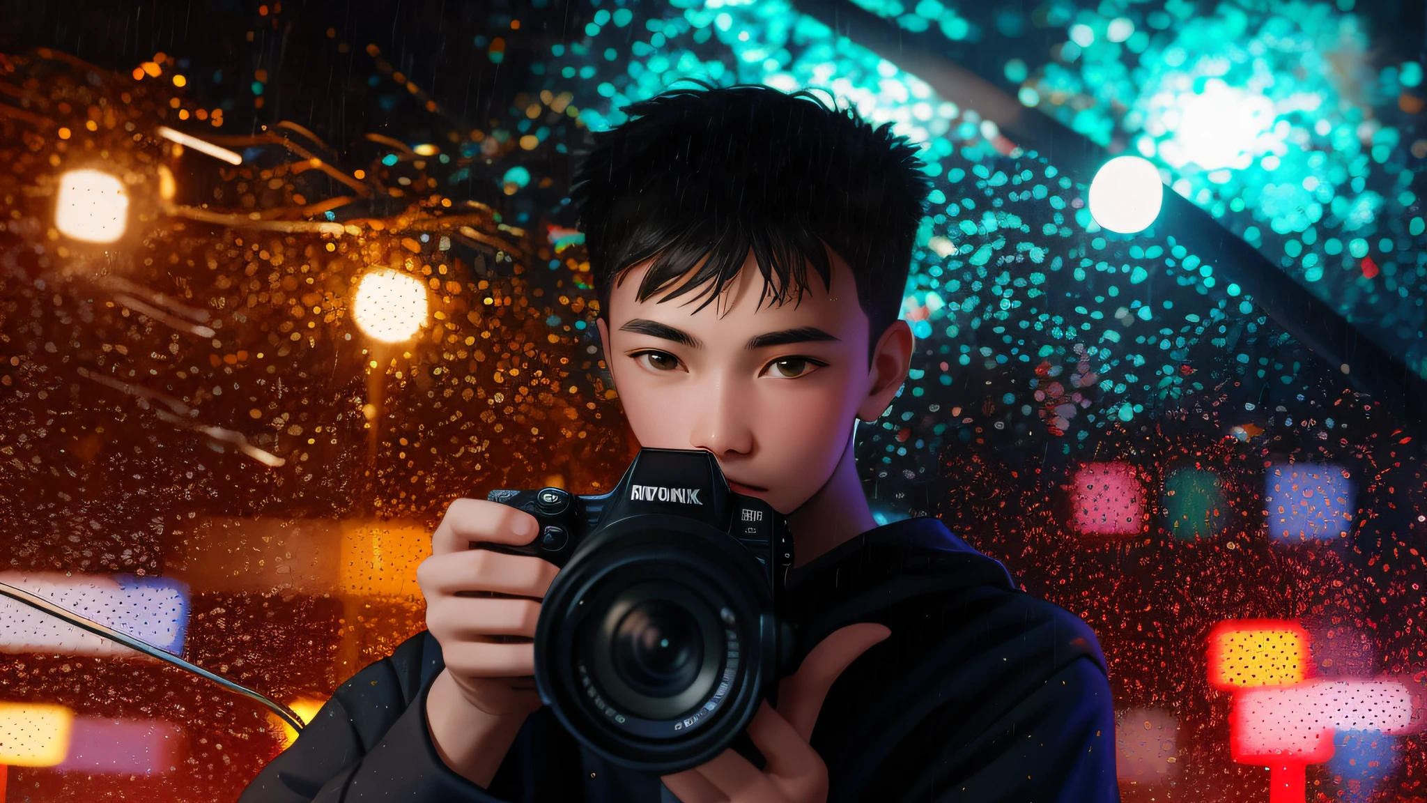 Junge mit Kamera fotografiert im Regen, Porträt von Menschen