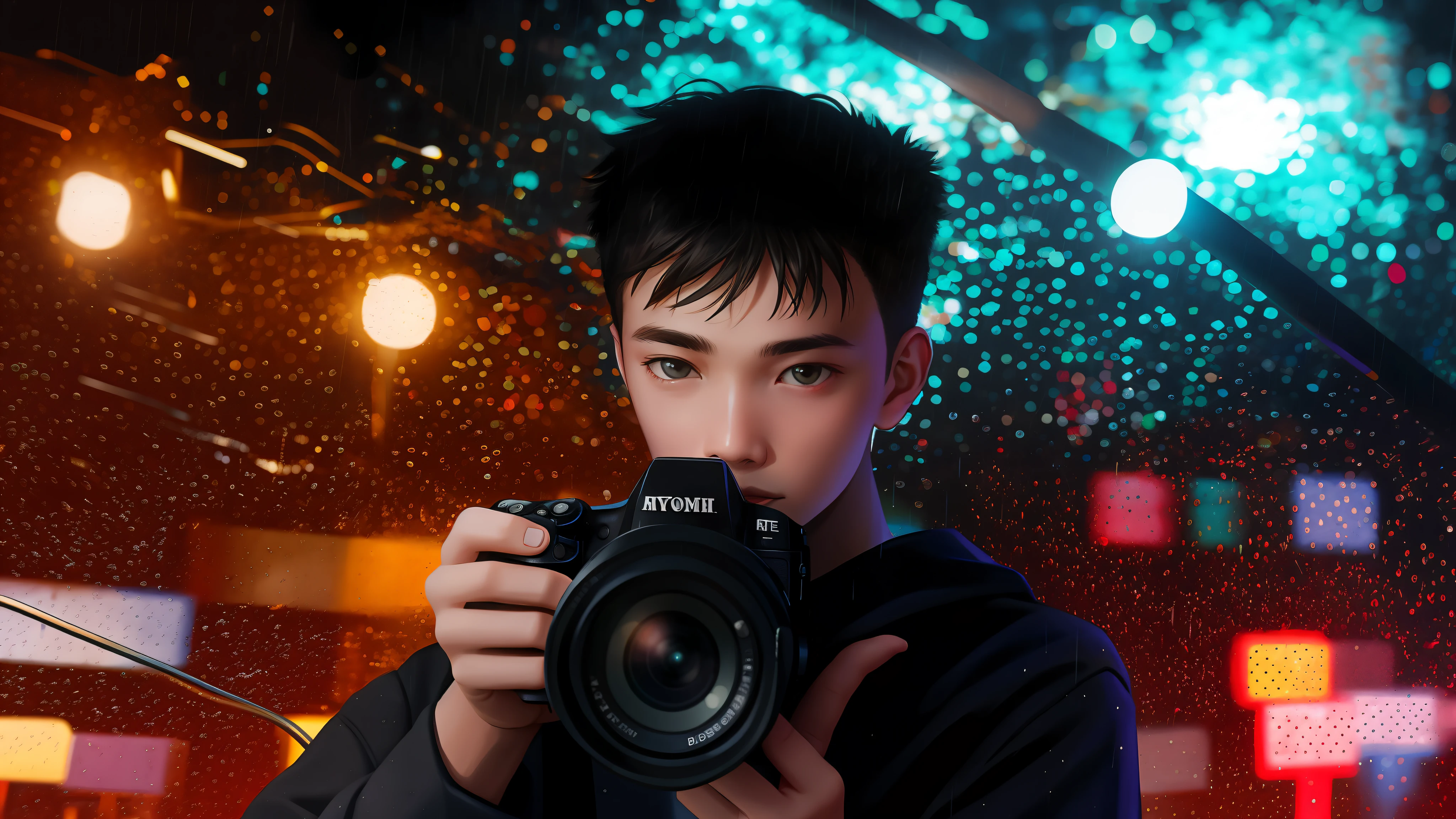 Boy holding camera taking pictures in the rain, portrait of people