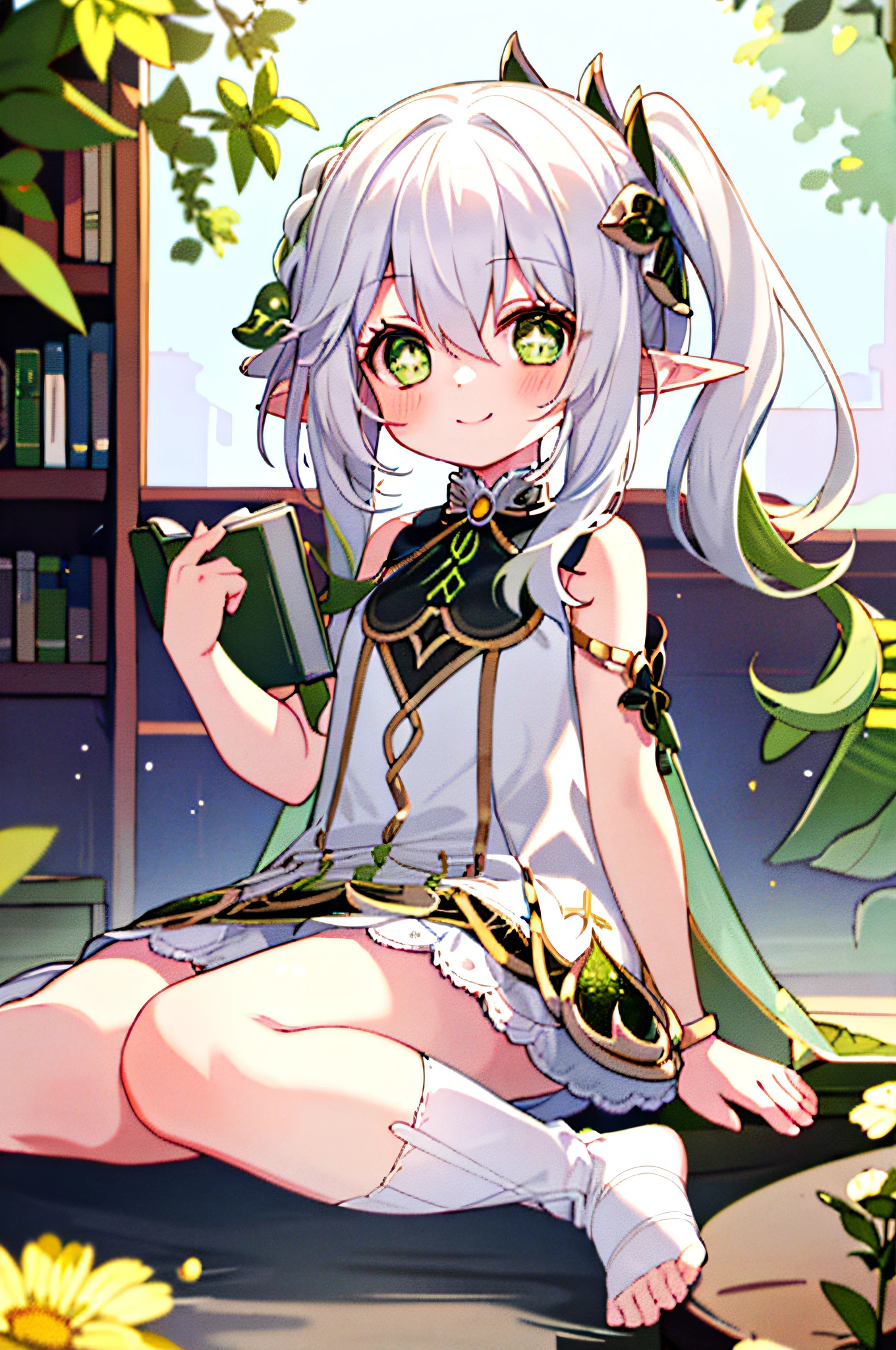 (1 girl sits on the floor,smiling, the dress is torn and dirty, the girl is happy, the clothes are all wet.),white hair,green eyes,At night, bookshelves, books, nahida, elf ears, girl, , cute feet
