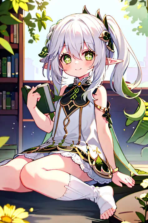 (1 girl sits on the floor,smiling, the dress is torn and dirty, the girl is happy, the clothes are all wet.),white hair,green ey...