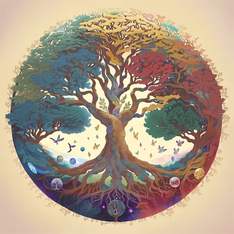 there is a picture of a tree with many different colors, tree of life seed of doubt, world tree, tree of life inside the ball, tree of life, the world tree, cosmic tree of life, the tree of life, yggdrasil, a beautiful artwork illustration, artistic illust...