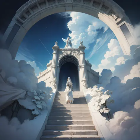 arafed stairway leading to a sky with a white angel on top, digital art inspired by Johan Jongkind, trending on pixabay, digital art, stairway to heaven, descending from the heavens, stairs from hell to heaven, she is arriving heaven, gates of heaven, she ...