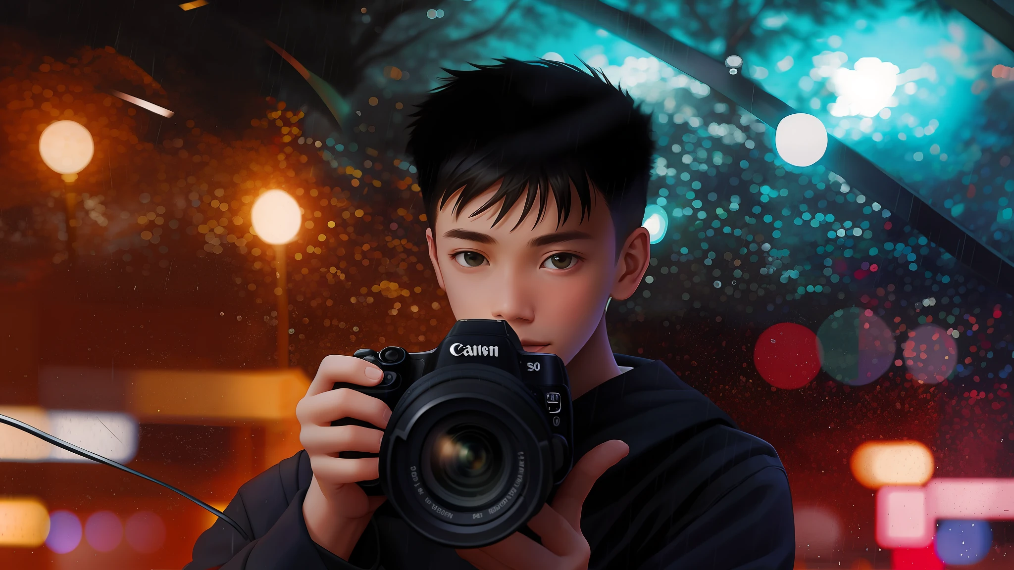 Boy holding Canon camera taking pictures in the rain, portrait of people