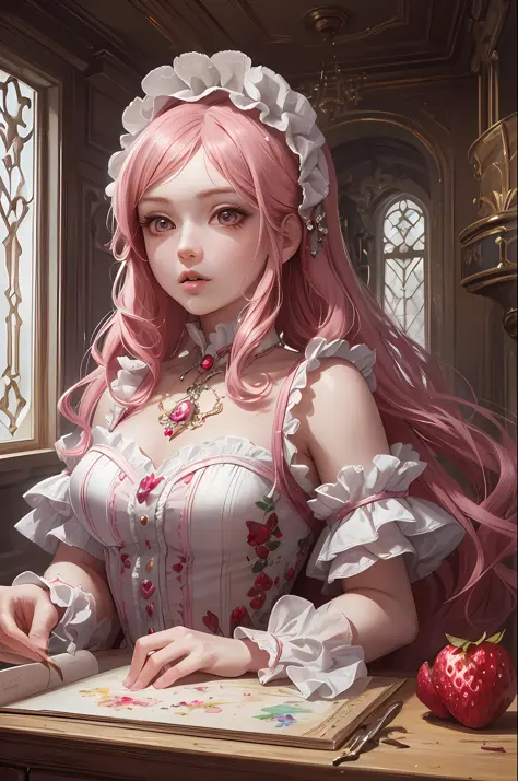 ( Absurd , High quality , ultra detailed, masterpiece, concept art, smooth, highly detailed artwork, hyper realistic painting ) Dramatic , Romantic , Vivid, girl , pink , strawberry shortcake character, cute , whole body ,