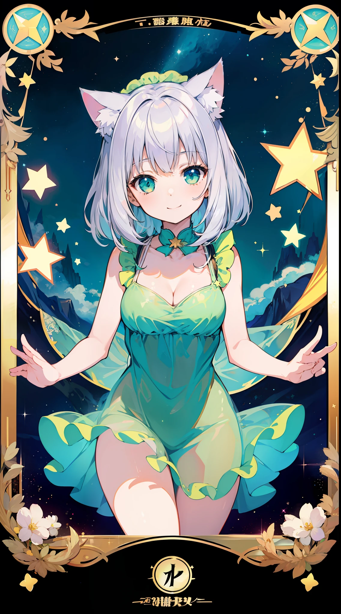 (Masterpiece), (Top Quality Anime Illustration), (Super Definition), One Girl, Solo, Beautiful Girl with Silver Hair, Anime Loli, Cat Ear Loli, Pale Green See-Through Dress, Sleeveless, Smile, Cleavage Enhancement, Lower Breast Enhancement, Thighs, Tarot Card Style, Stars