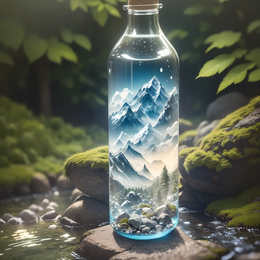 1 mineral water, transparent bottle, bottle upright, bottle printed with Japanese mountains, Japan, high-grade, spring water, stone, moss, water inside shining through the sun, cloudy day with a little sun, water droplets on the bottle, distant trees fores...