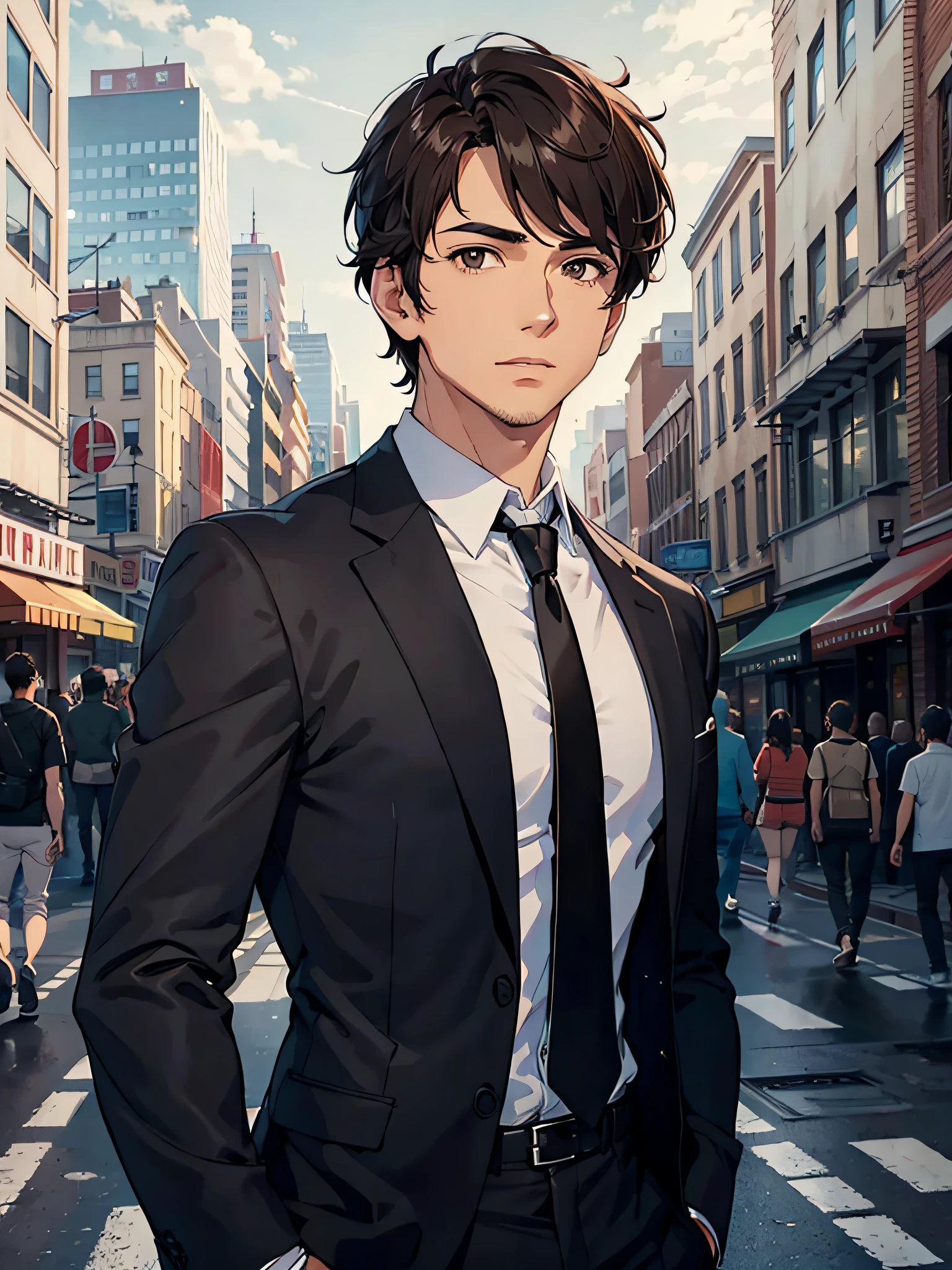 A handsome man with short brown hair and black eyes in the city, upper ...