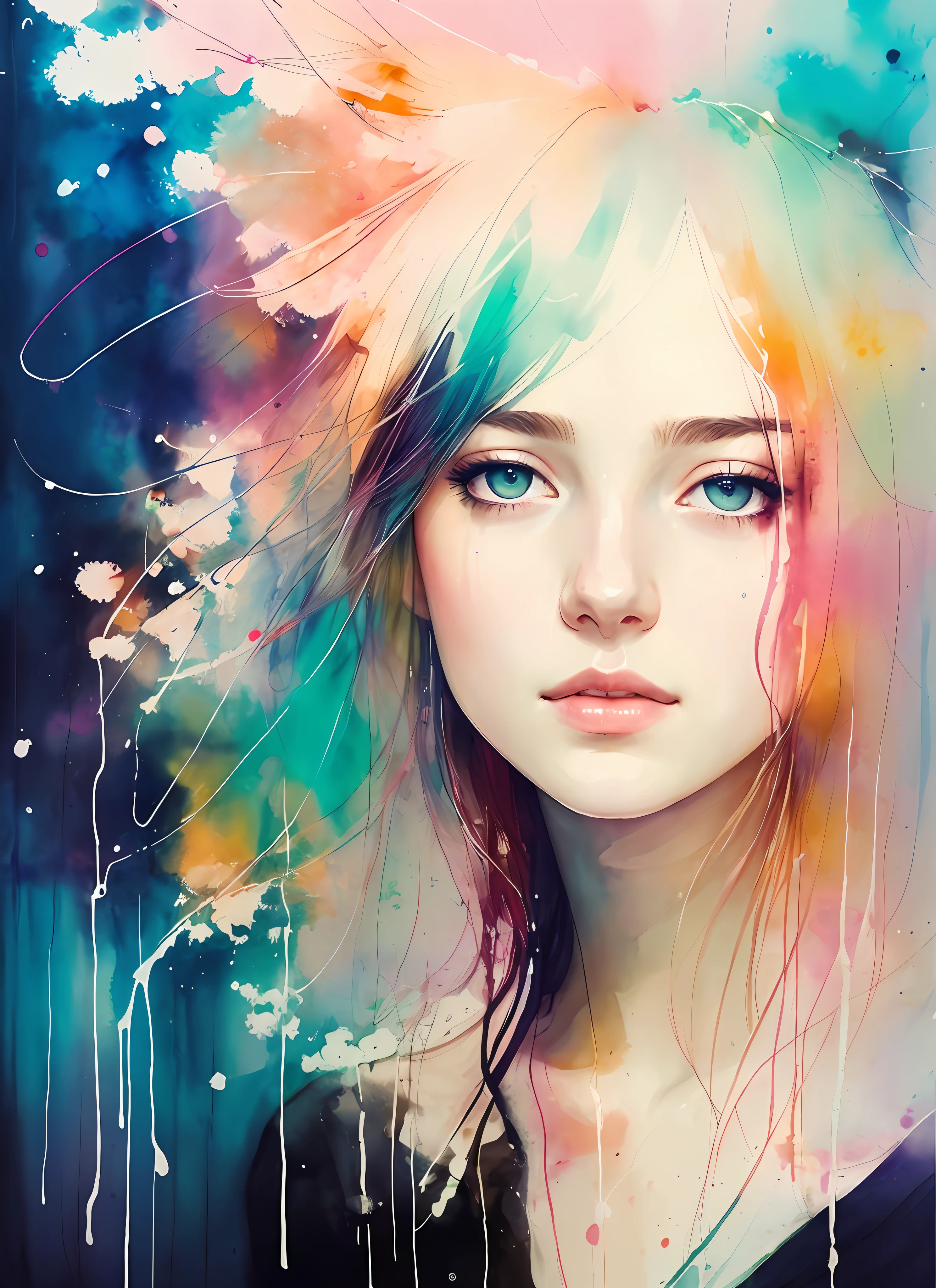 a painting by mse a woman by agnes cecile, luminous design, pastel colours, ink drips, autumn lights