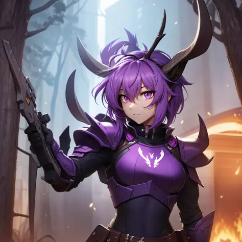 knight jackalope, short purple hair, jackalope antlers, dark armor(masterpiece, best quality)