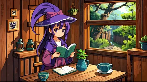 A girl, purple hair, high ponytail hairstyle, witch, in the hut, small wooden table, sitting on a wooden chair, reading, potted ...