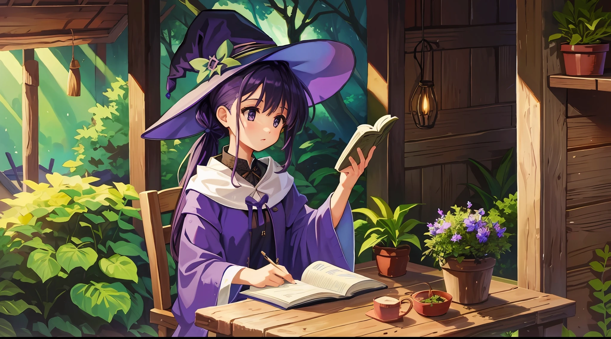 女の子, 紫色の髪, ハイポニーテールのヘアスタイル, 魔女, 小屋の中で, 小さな木製のテーブル, 木の椅子に座っている, 読む, 鉢植え, 魔法の帽子, 森, シングル