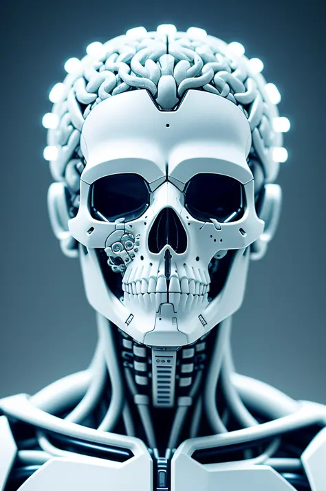 electronic system on humanoid head |male skull| with a visible detailed brain |small red lights on the brain and neck | fios de cabo de músculos| biopunk| cybernetic| cyberpunk| white marble bust| Canon M50| 100mm| sharp focus| slick| hyperrealism| Highly ...
