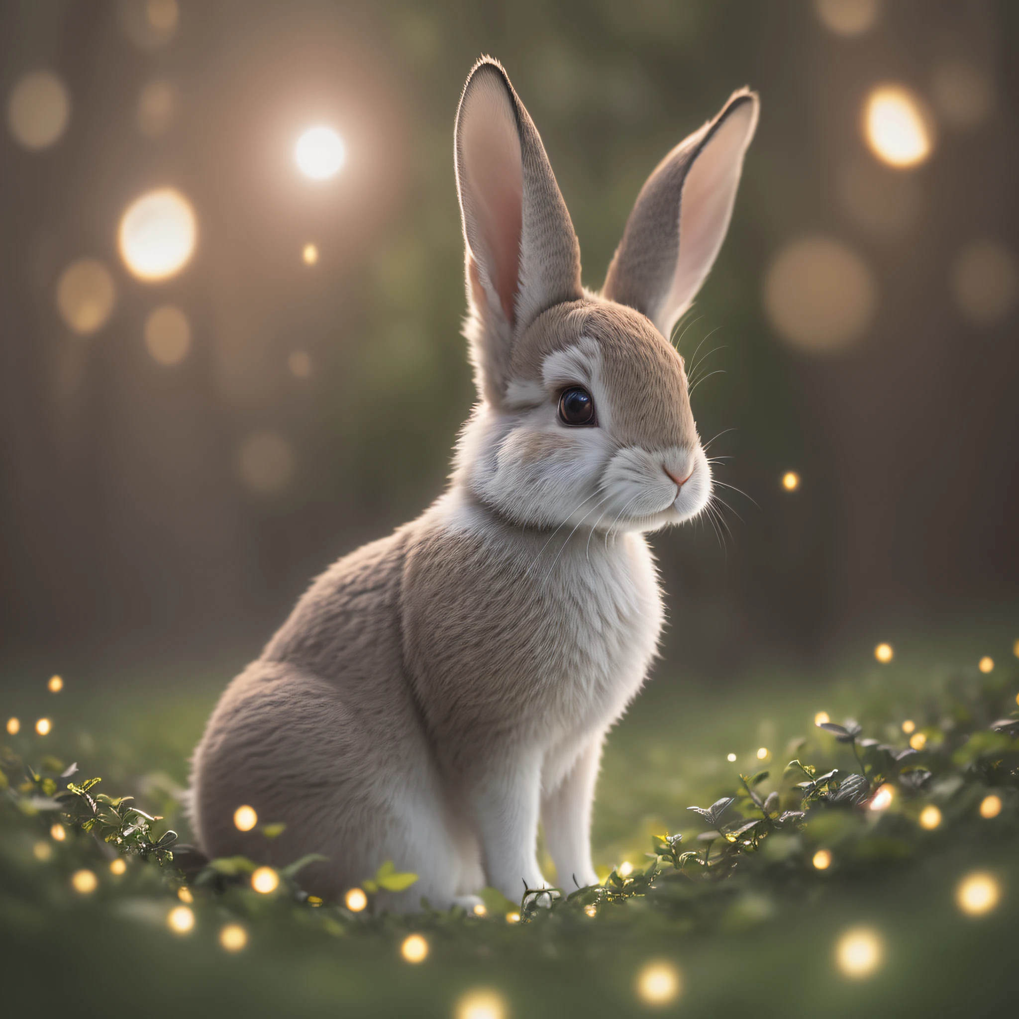 Close up photo of a rabbit in enchanted forest, clean background, depth of field, large aperture, photography, night, fireflies, volumetric fog, halo, bloom, dramatic atmosphere, center, rule of thirds, 200mm 1.4f macro shot