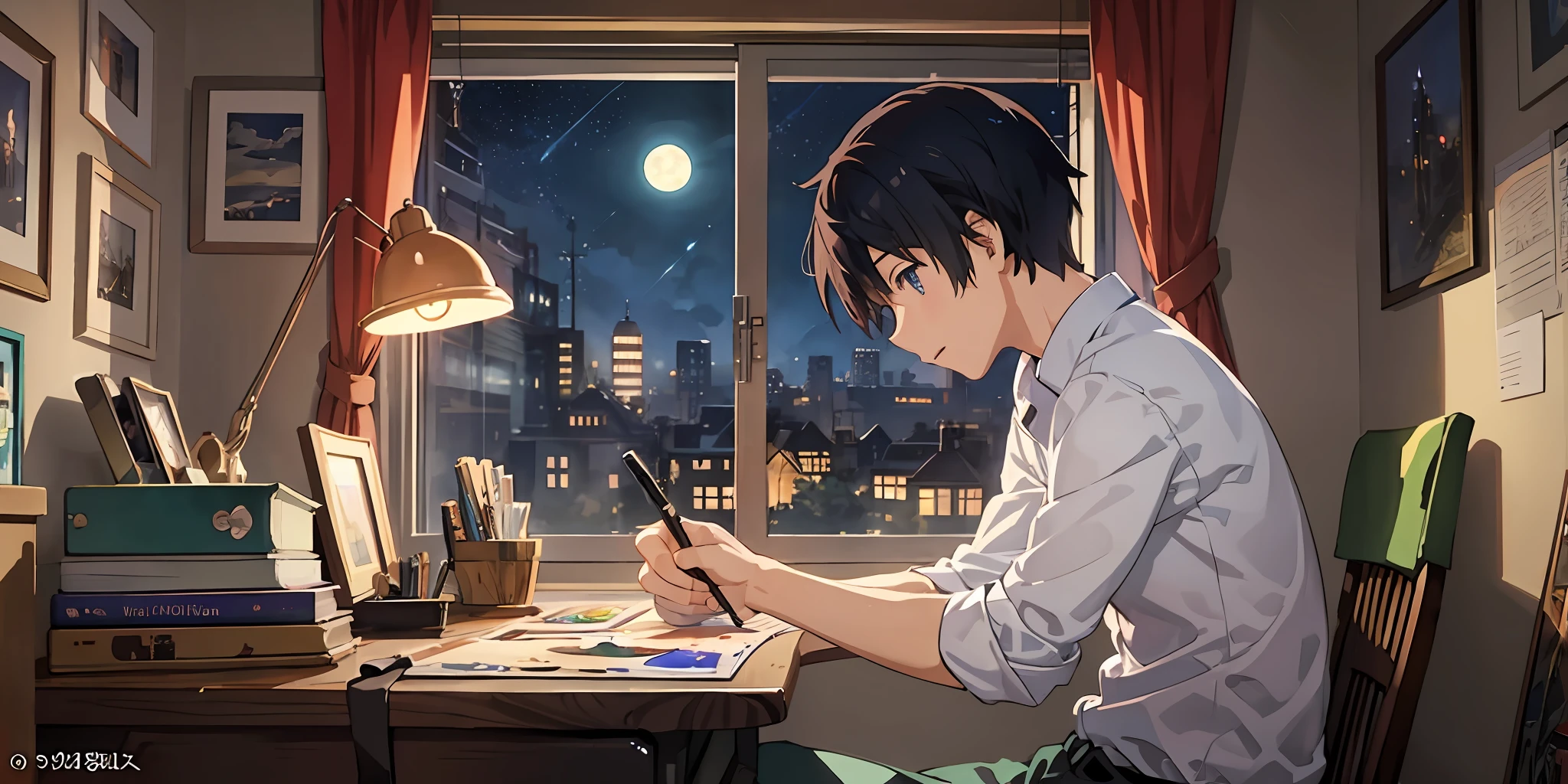 Anime boy writing in his room at night with a city view - SeaArt AI