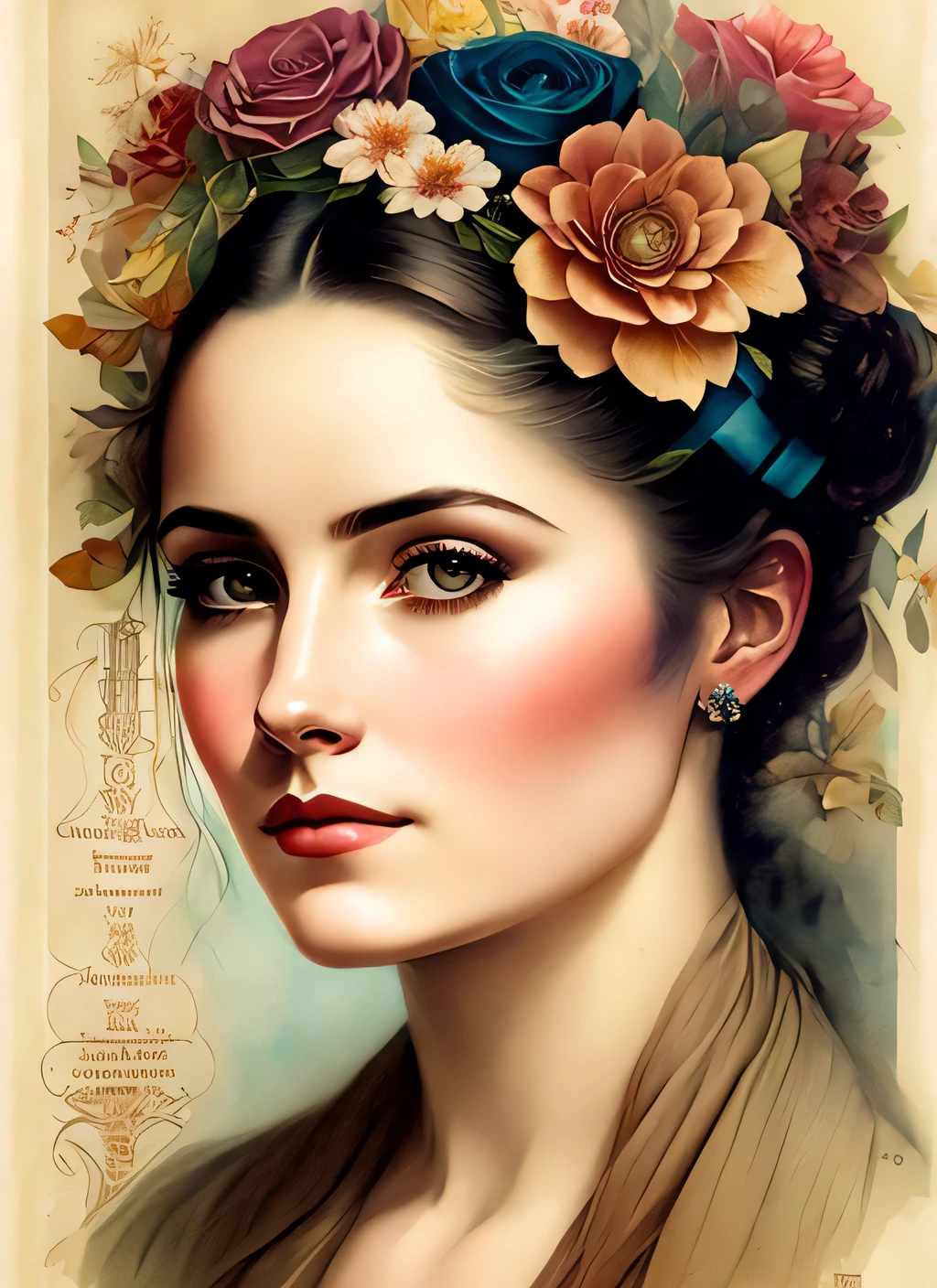 Charlie Bowater realistic Lithography sketch portrait of a woman, flowers, [gears], pipes, dieselpunk, multi-colored ribbons, old paper texture, highly detailed