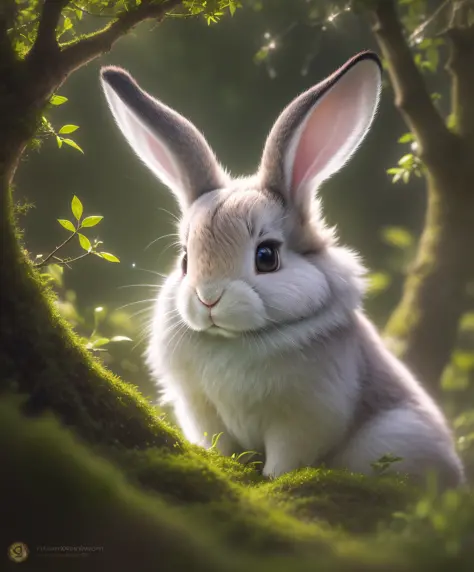 Close-up photo of a rabbit in the enchanted forest, lop-eared rabbit, furry, night, firefly, volumetric fog, halo, bloom, dramatic atmosphere, center, rule of thirds, 200mm 1.4f macro shot