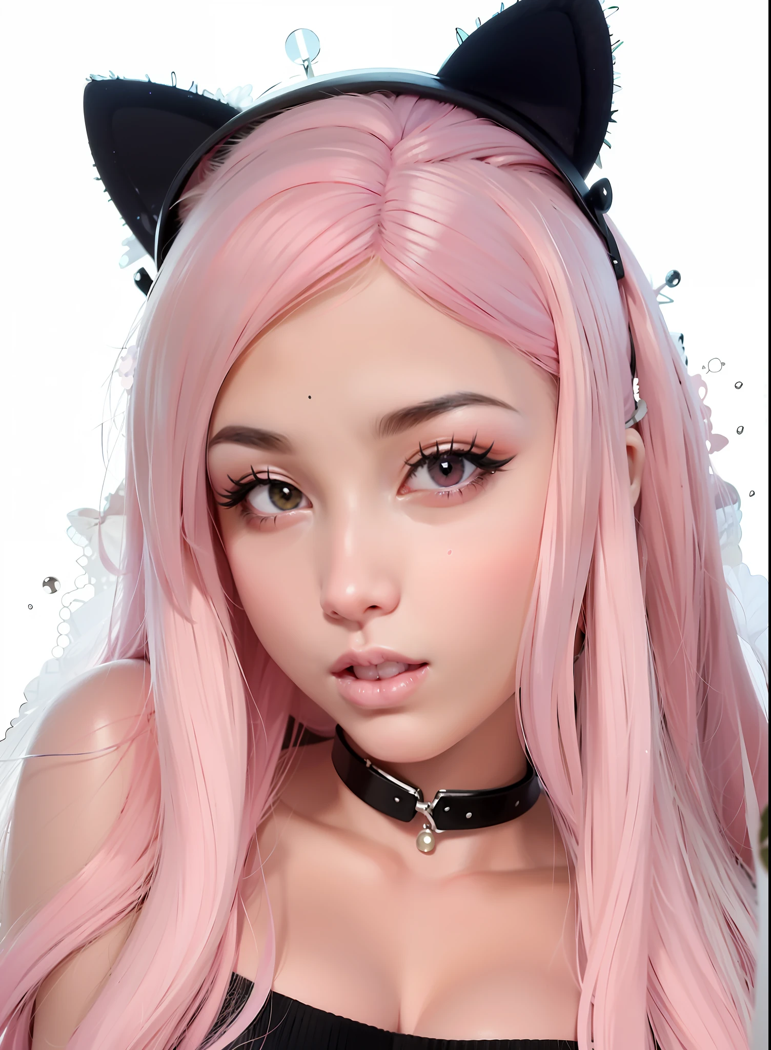 araffe with pink hair and black ears and a black choke, belle delphine, girl with cat ears, beautiful young catgirl, very beautiful cute catgirl, anime girl with cat ears, attractive cat girl, kawaii realistic portrait, pink wispy hair, fake cat ears, cat ears, woman with cat ears, pink straight hair, with pink hair