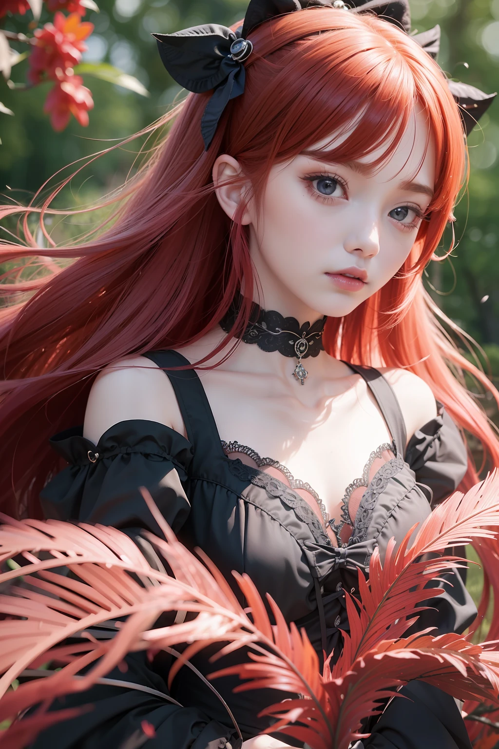 beautiful and detailed girl with beautiful and detailed face with red long hair, a extremely delicate and beautiful girl, anime screencap, Shock sensation, Beautiful detailed girl, upper_body, look_up_to, arms_behind_back, petite, girl,woman,female, little,child,10 years old, medium hair, hime cut, wept bangs, floating hair, red hair, beautiful detailed hair, Authentic and detailed face, happy, lovely big eyes, silver eyes, beautiful hair ornaments, choker, beautiful detailed black gothic Empire Waist Dress, black_footwear, Flying red petals, Floating, The grass sways in the wind, detailed shadow, artbook, extremely detailed 8K wallpaper, absurdres, highres,