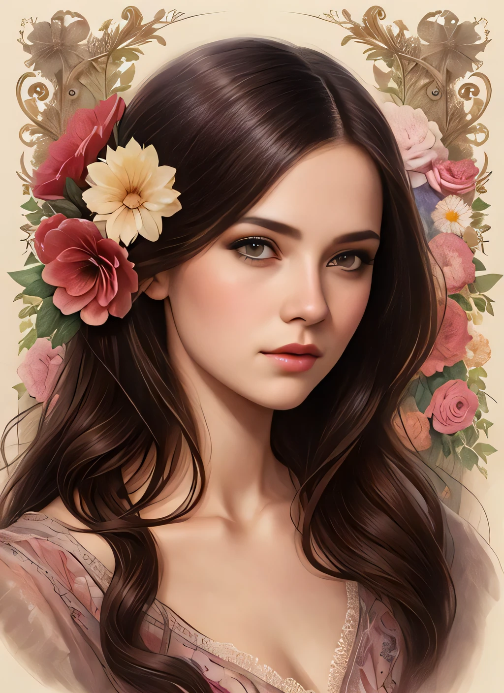 Charlie Bowater realistic Lithography sketch portrait of a woman, flowers, [gears], pipes, dieselpunk, multi-colored ribbons, old paper texture, highly detailed