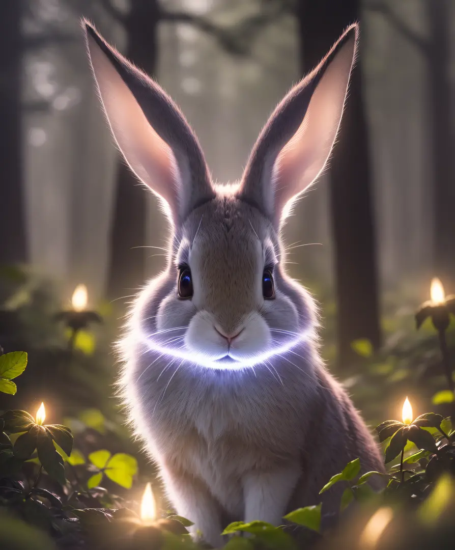 Close up photo of a rabbit in enchanted forest, glowing , dark night, late night, in the forest, backlight, fireflies, volumetric fog, halo, bloom, dramatic atmosphere, center, rule of thirds, 200mm 1.4f macro shot