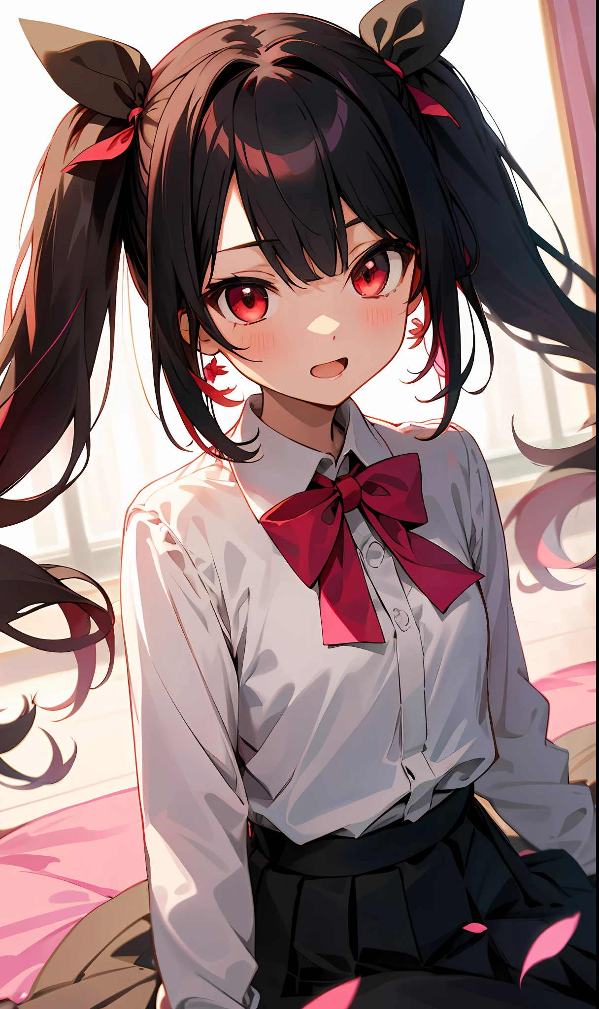 mihari, onimai, (masterpiece, best quality),a girl, solo, twintails, shirt, skirt, petals, bowtie, earrings, jewelry, bangs, black hair, hair ornament, hair ribbon, red ribbon, red eyes, long hair, open mouth, white shirt, multicolored hair, black skirt, red hair, long sleeves, pink bowtie, hair between eyes, looking at viewer, collared shirt, upper body, hand up, falling petals, depth of field, strong bloom, indoors