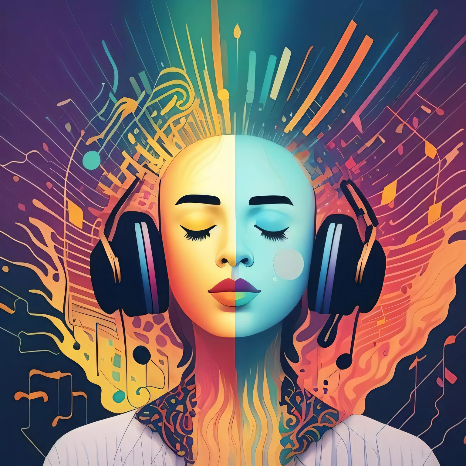 a painting of flat colors, rainbowshift person listening to music, music notes, Synesthesia