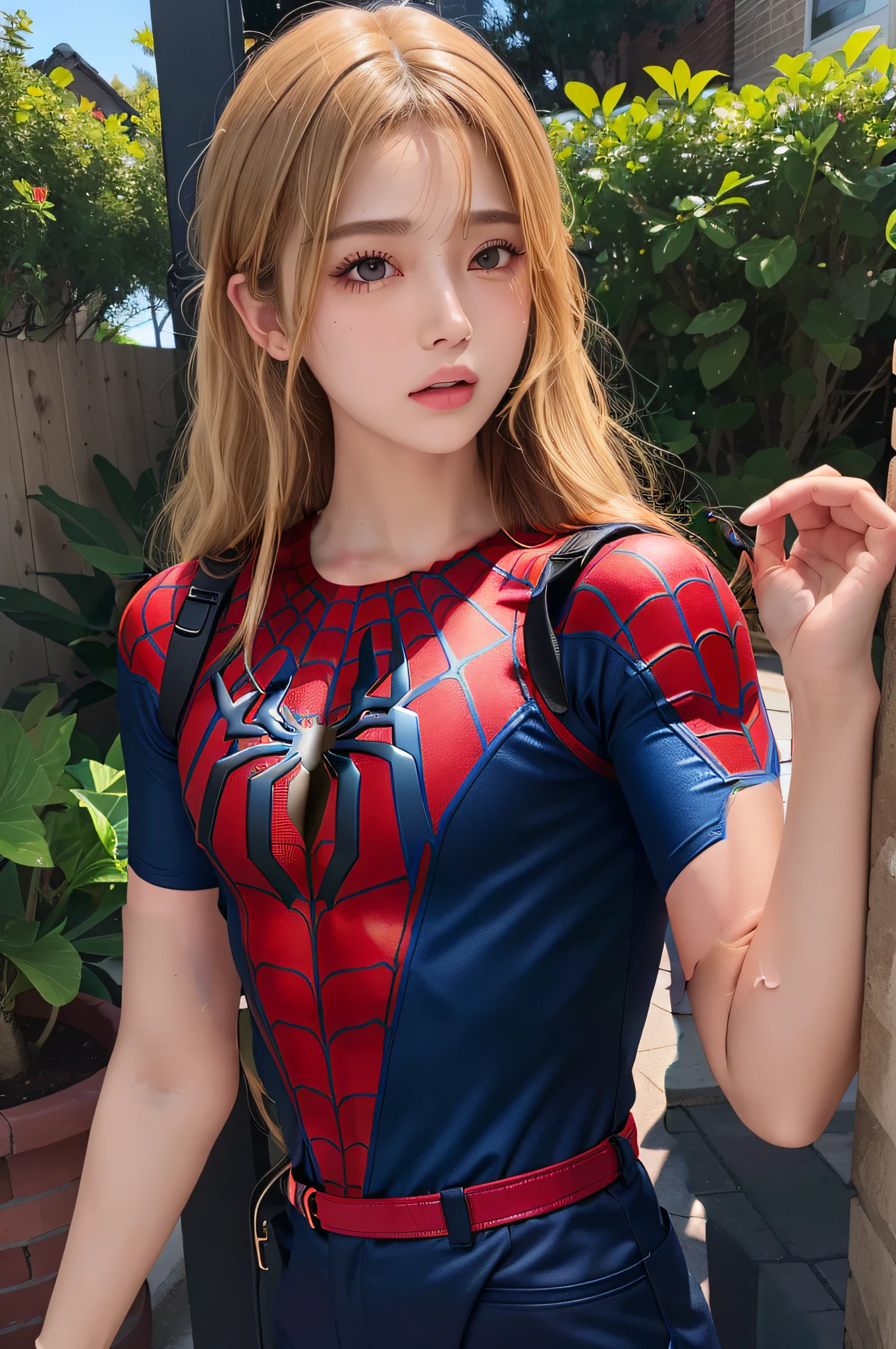 A woman in a spider - man costume poses for a picture - SeaArt AI