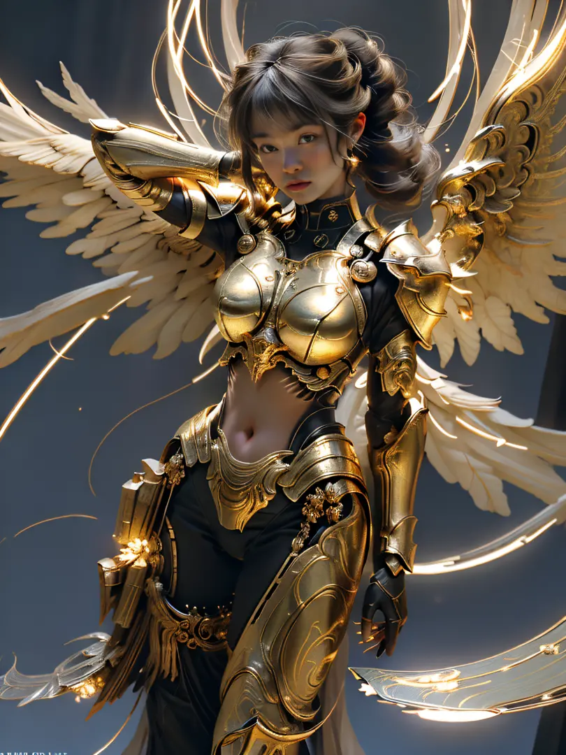 Valkyrie of War, with huge wings, metallic glowing wings, golden glowing background, white-gold three-point armor, bikini, belly skin exposed, legs exposed, arms exposed, golden aperture at back, blonde hair, double bun, bangs, halo, glare, jitome, high de...
