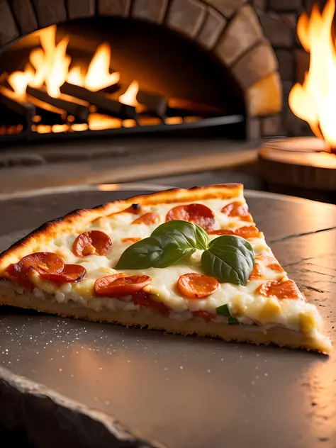 Macro photo of a slice of delicious pizza in front of a stone oven, fire oven, light it fire, food photography, advertising phot...