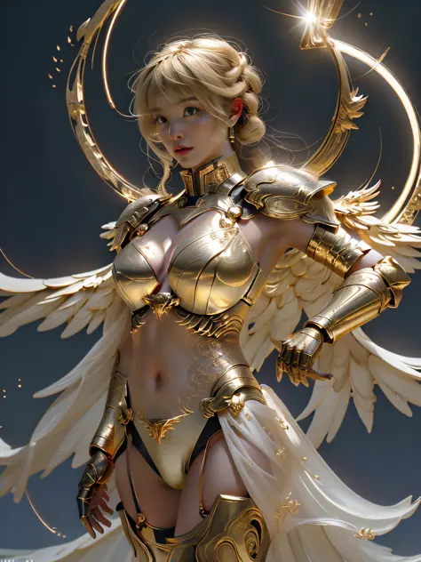 Valkyrie of War, with huge wings, metallic glowing wings, blonde glowing background, wearing white gold bikini, lace lingerie, golden aperture at back, blonde hair, double bun, bangs, halo, glare, jitome, high detail, cinematic lighting, film grain, lens f...