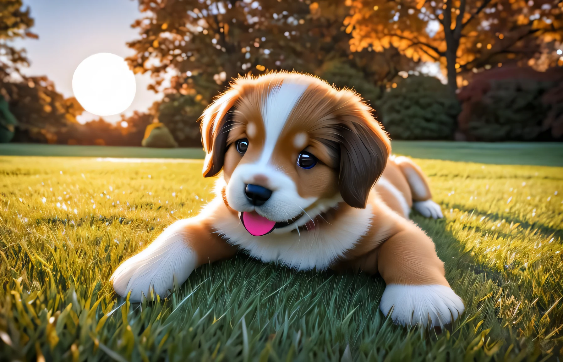 A 3D render of a textured photograph of a adorable puppy rolling around in the grass , golden during fall at sunrise, full moon, mirrorless, prime, polarizing, HDR.
