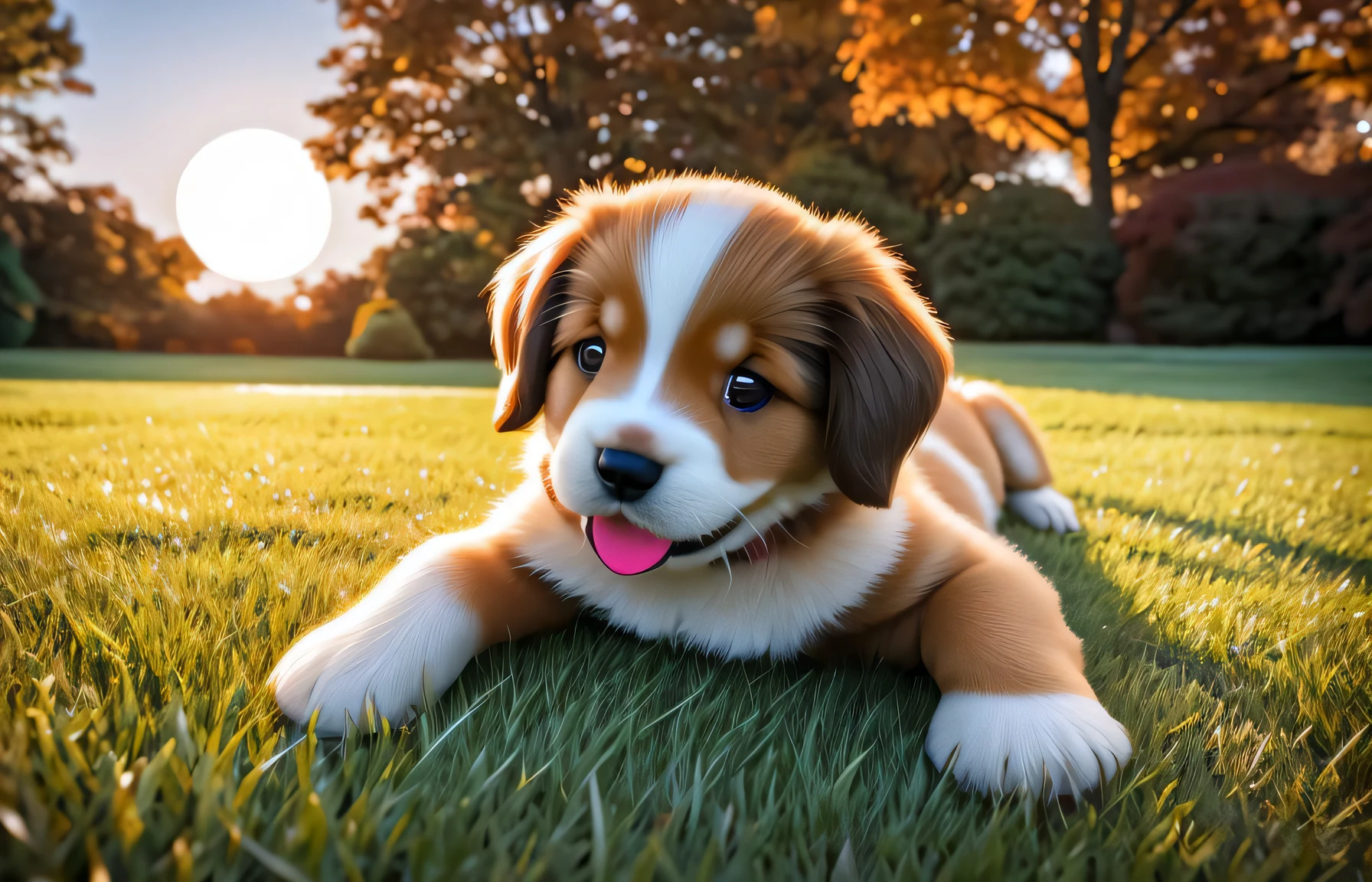 Un rendu 3D d’une photographie texturée d’un adorable chiot se roulant dans l’herbe , doré à l&#39;automne au lever du soleil, pleine lune, sans miroir, Prime, Polarisant, HDR.