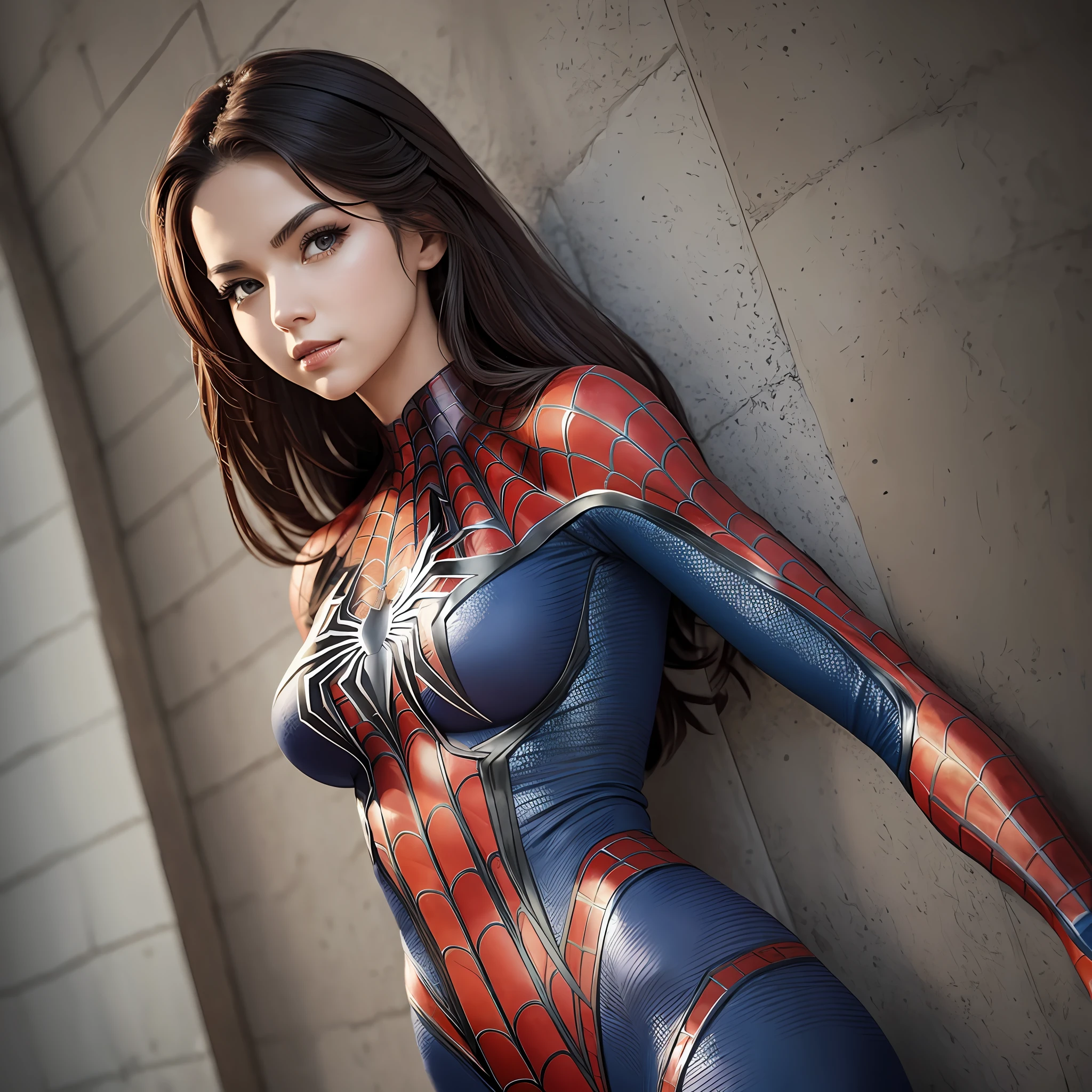 A woman in a spider - man suit leaning against a wall - SeaArt AI