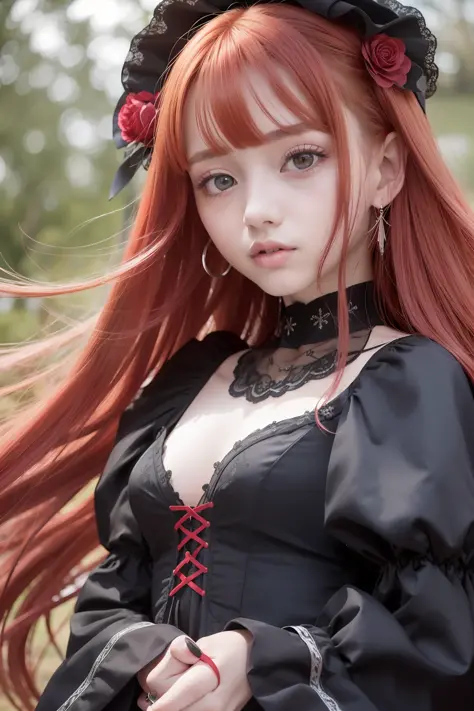 beautiful and detailed girl with beautiful and detailed face with red long hair, a extremely delicate and beautiful girl, anime screencap, Shock sensation, Beautiful detailed girl, upper_body, look_up_to, arms_behind_back, petite, girl,woman,female, little...