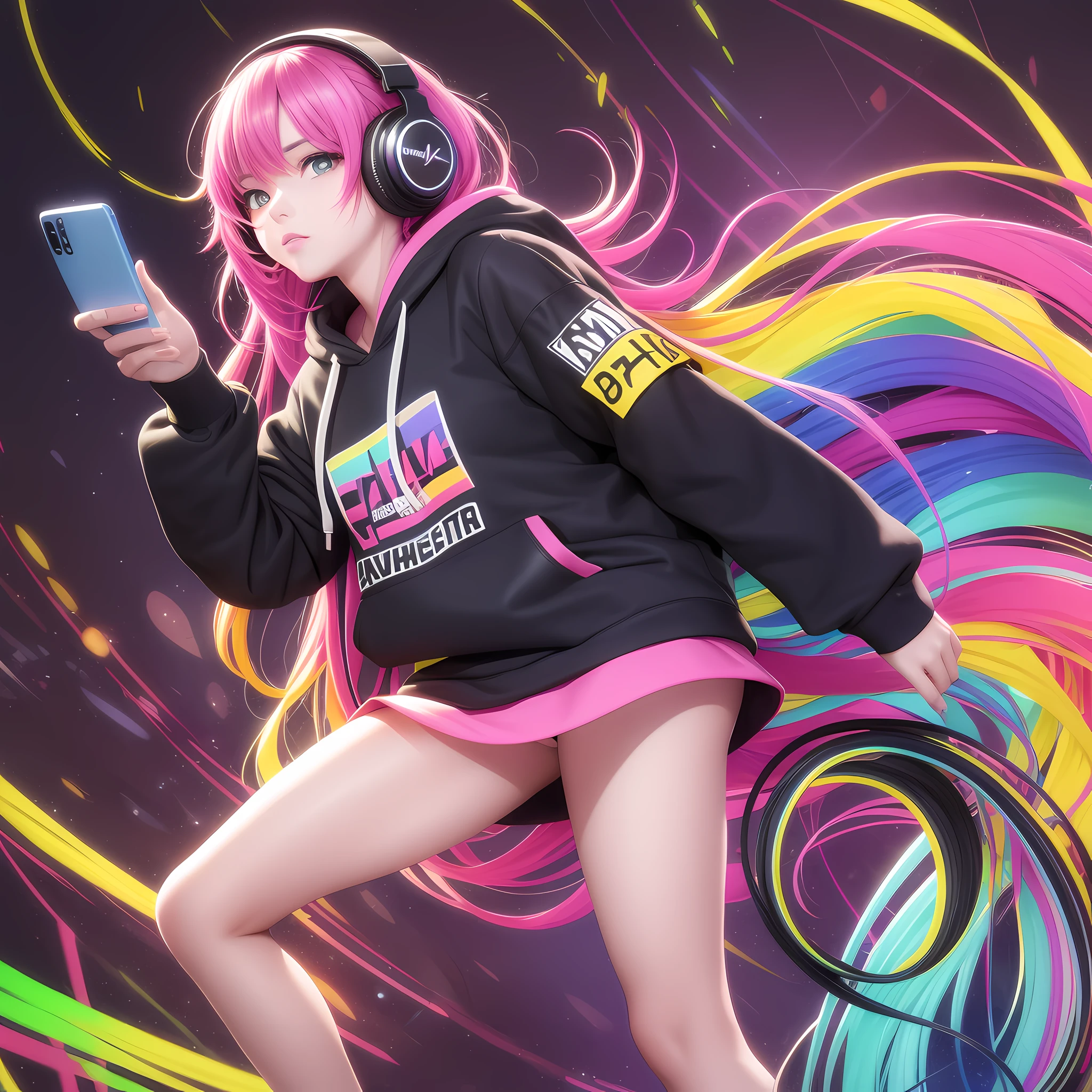 8K, High Masterpiece, Confident lol, High Leg, Pro Photo, Rock Singer, 1girl, Solo, Rainbow Hair, Hoodie, Straight Hair, Hands on Smartphone, Headphones, Long Hair, Neon, Colorful Background