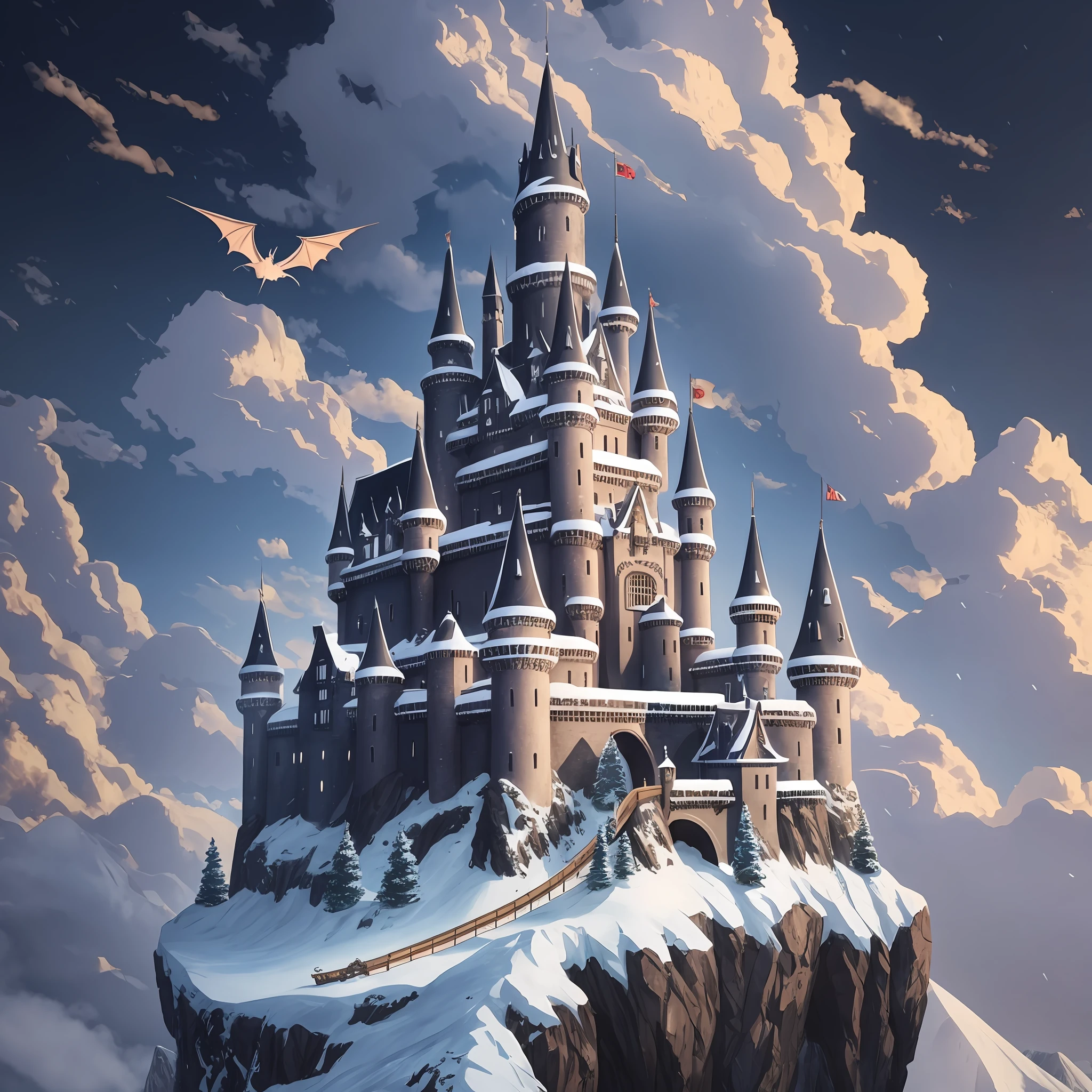 A black castle on top of a snowy mountain, with a dragon flying 