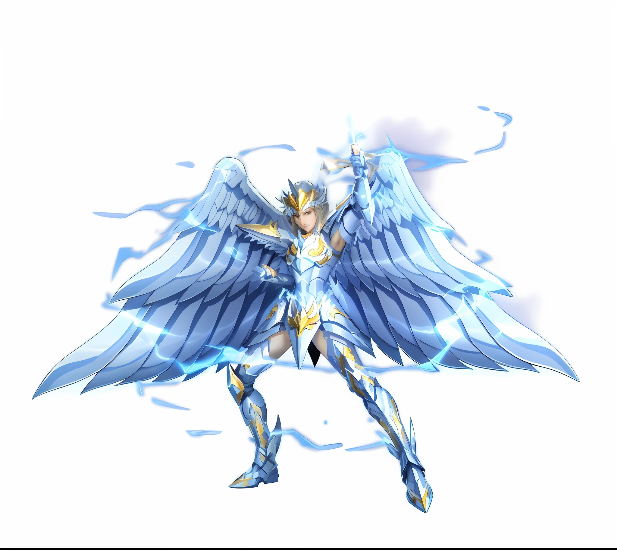 крупный план человека с большими сине-белыми крыльями - SeaArt AI
