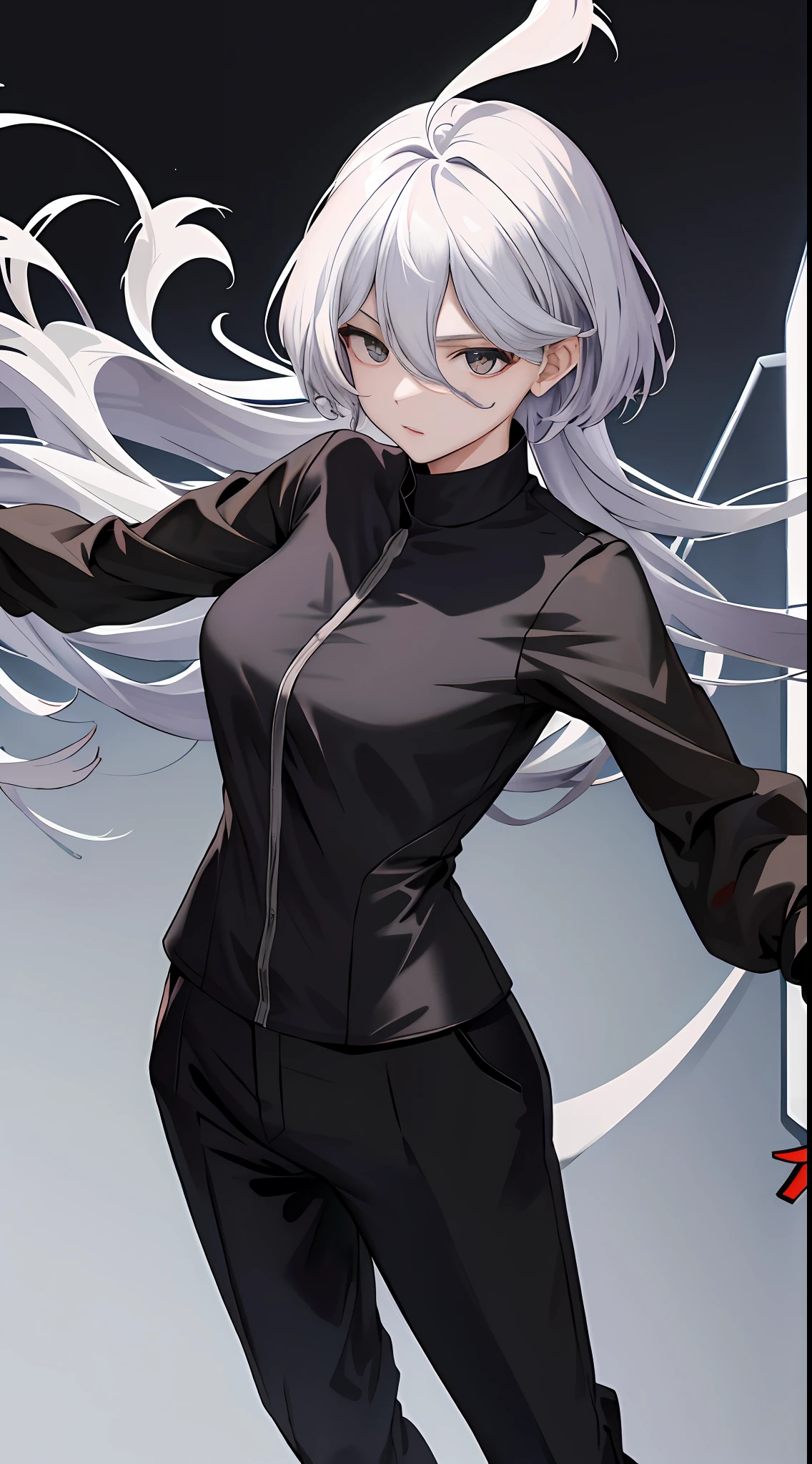 Masterpiece, Best Quality, High Resolution, Myorin 1, Myorin Remblanc, ((Black Suit & Pants)), (White Shirt), Solo, Long, Gray, Gray, Ahoge, Bangs, Hair Between Eyes, Floating Hair, Medium, Dignified Face. Speech on the stage of parliament