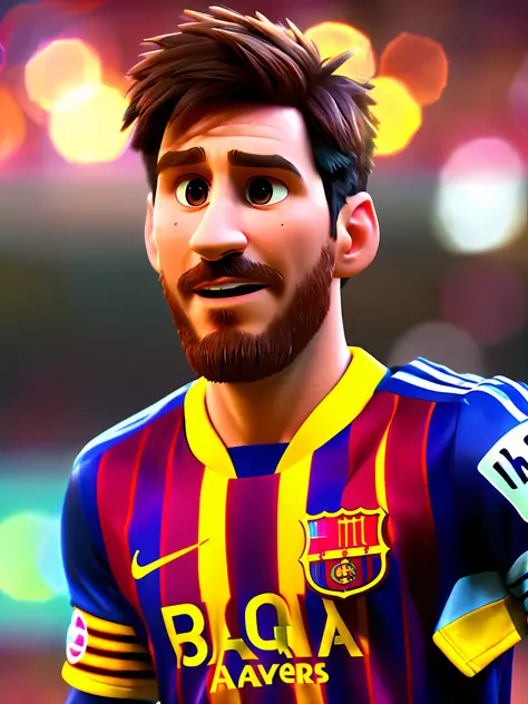 Lionel Messi, (pixar style) (masterpiece:1.2) (bokeh) (best quality) (detailed skin) (detailed texture) (8k) (claymation) (cinem...