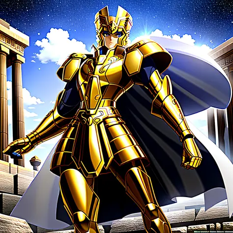 Gemini_Saga, gold armor, a boy, armor, dramatic sky, looking at the viewer, armor, mouth closed, upper body, serious, helmet, on...