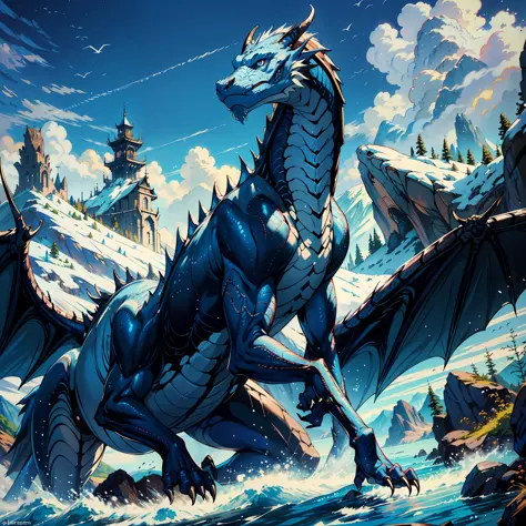 ((realistic: 1.5)),((best quality)), ((masterpiece)),((detailed)), dragon, blue color, wingless, white details, large, fierce, mountains and rivers