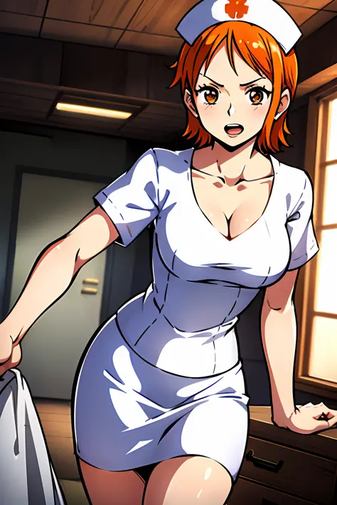 Nami (One Piece), Short Hair, 1 Girl, Orange Hair, Orange Eyes, Clavicle, Nurse, Bedroom, Ship, Skirt, Serious Look, White Nurse...