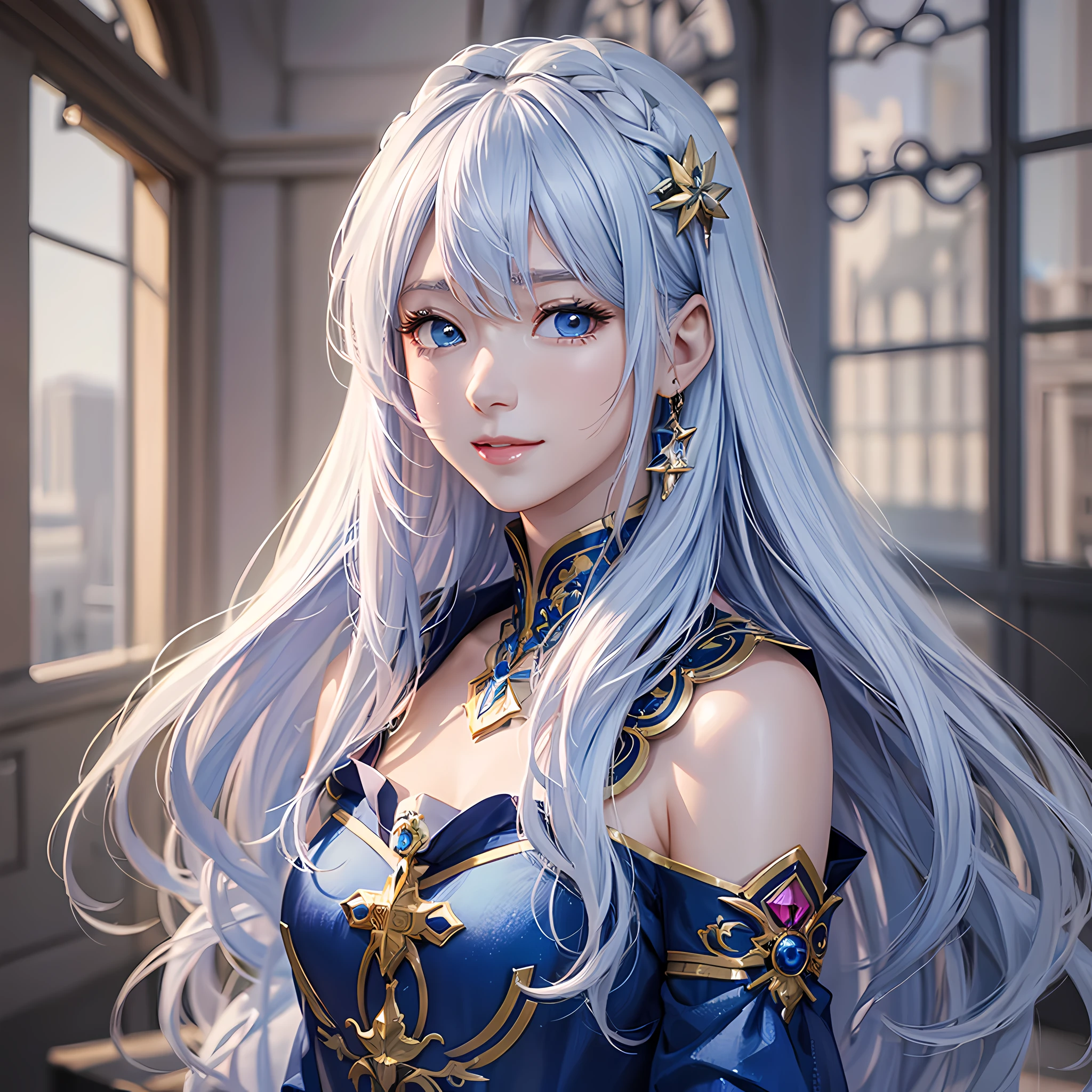 (8K, top quality, masterpiece: 1.2), (realistic, photorealistic, photorealistic: 1.37), woman with long hair and blue dress, white hair, beautiful character painting, detailed digital anime art, gwise style artwork, detailed portrait of anime girl, Rostran 8K, stunning character art, There are 2 photorealistic anime girl renderings. 5D CGI Anime Fantasy Artwork, Beautiful Digital Artwork, 8k High Quality Detail Art, Beautiful Anime Portrait, Smile