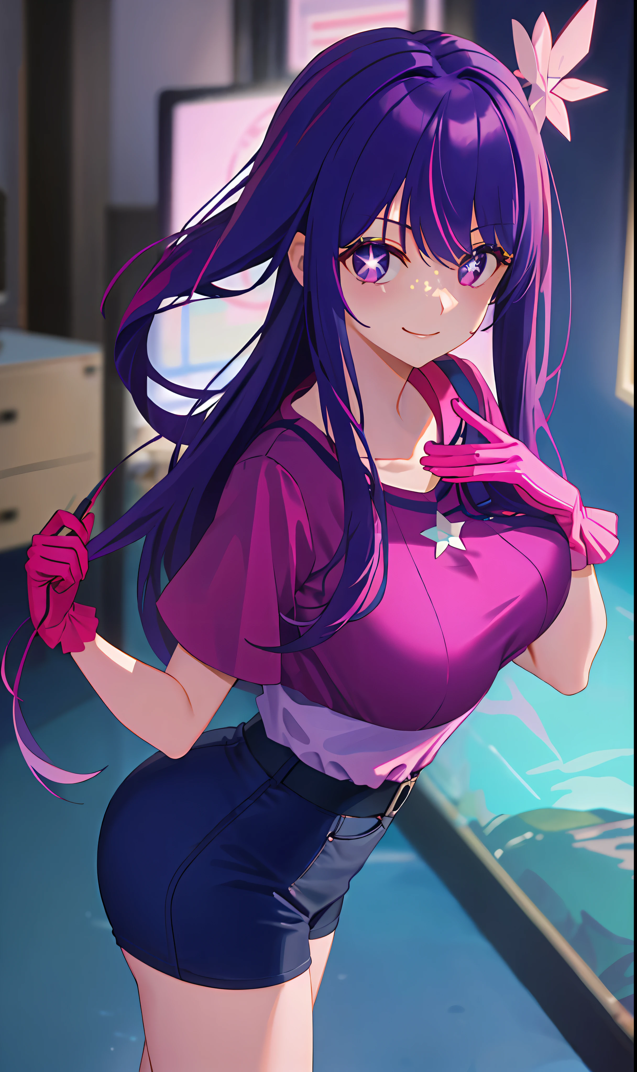 ((Masterpiece, Best Quality)), (1 person), Purple Hair, Hello, Horn, (OL)), Bangs, Medium, (Breast Augmentation), Slim, Smile, [Wide Hips], Office, Standing, Are\(Blue Archive), Pink Clothes, Pink Gloves, Stars in the Eyes